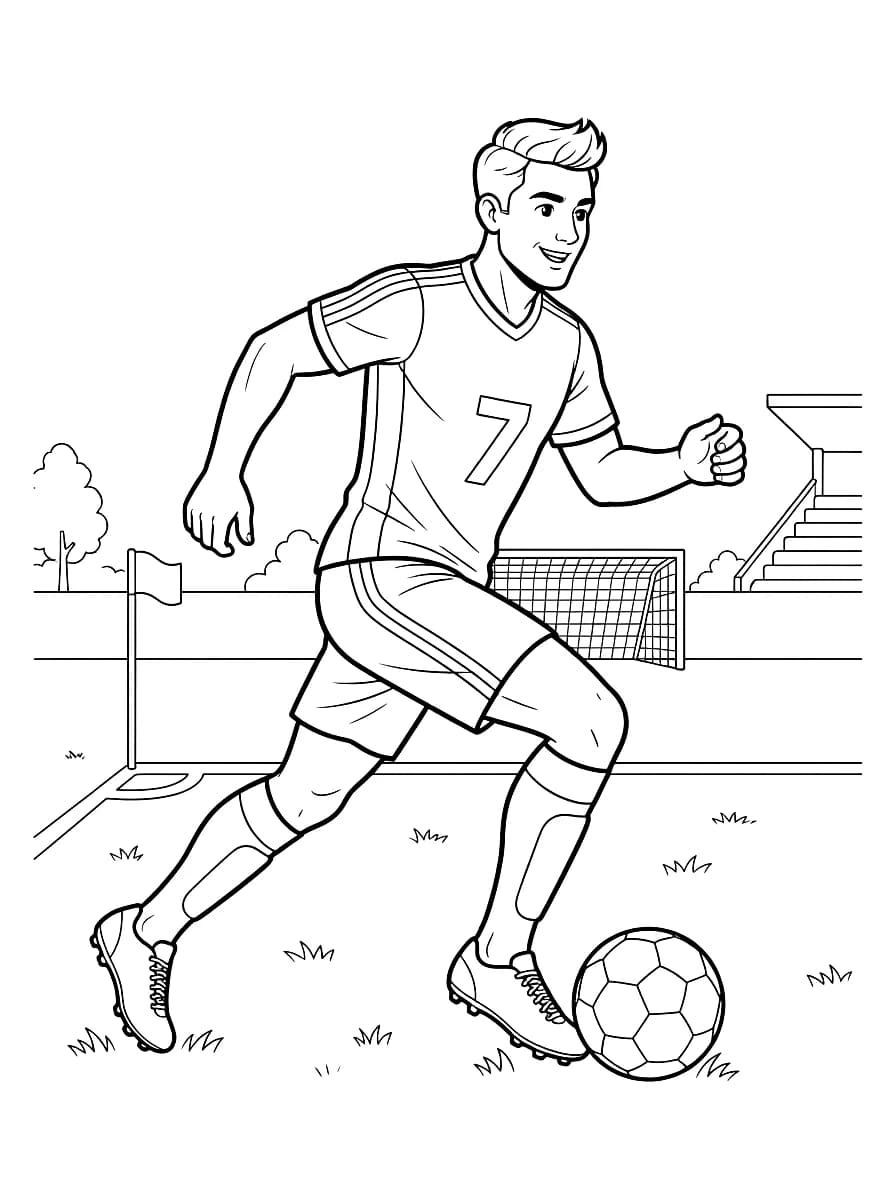 A soccer player dribbling a ball on a field.