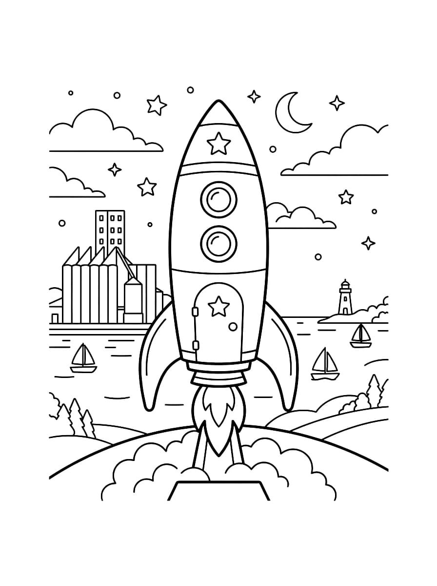 A coloring page shows a rocket launching from a hill, with a cityscape, water, and lighthouse in the background.