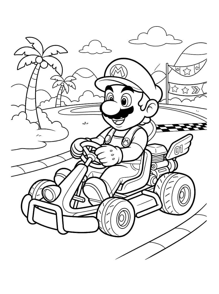 Un personnage de dessin animé conduit un kart sur un circuit tropical.