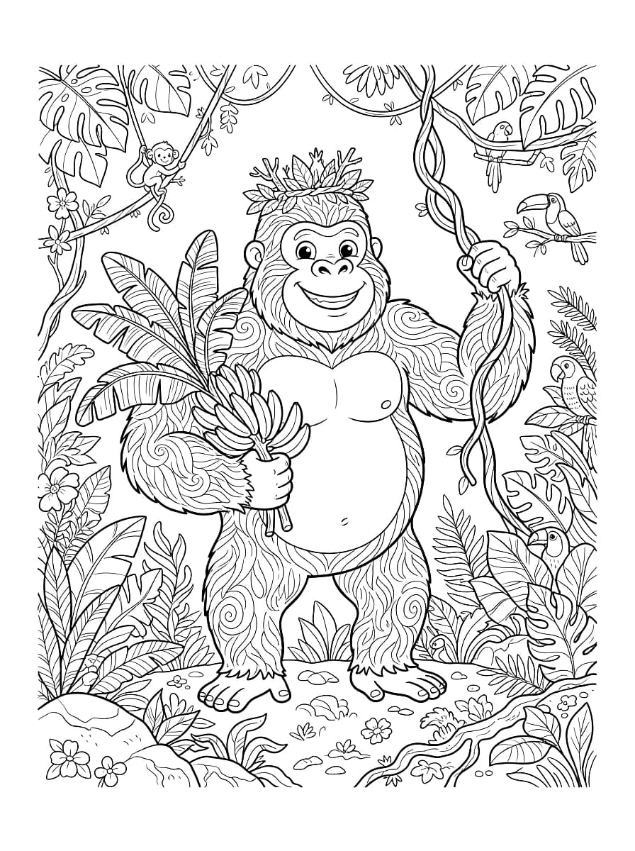 Un gorille souriant dans la jungle, tenant une grappe de bananes et une liane.