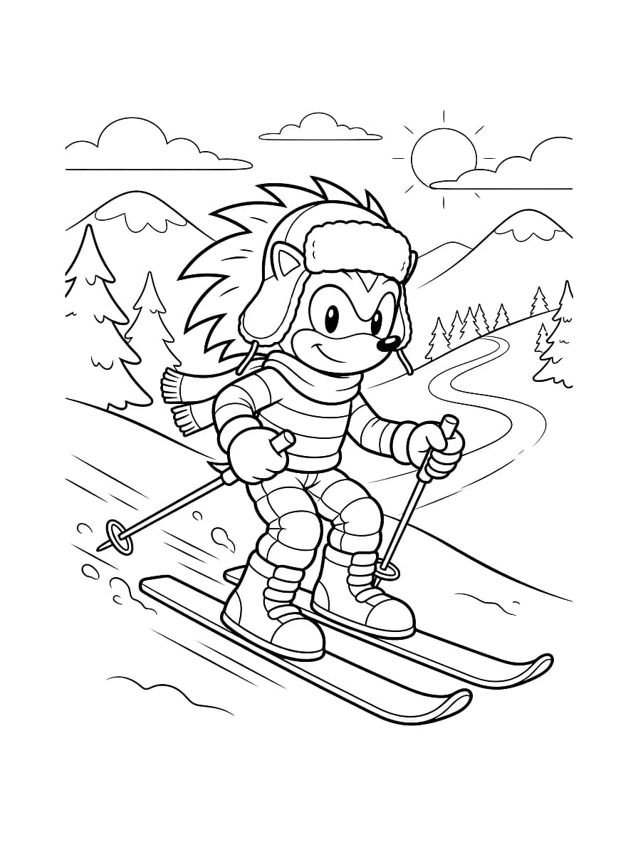 A cartoon hedgehog wearing winter clothing skis down a snowy mountain.