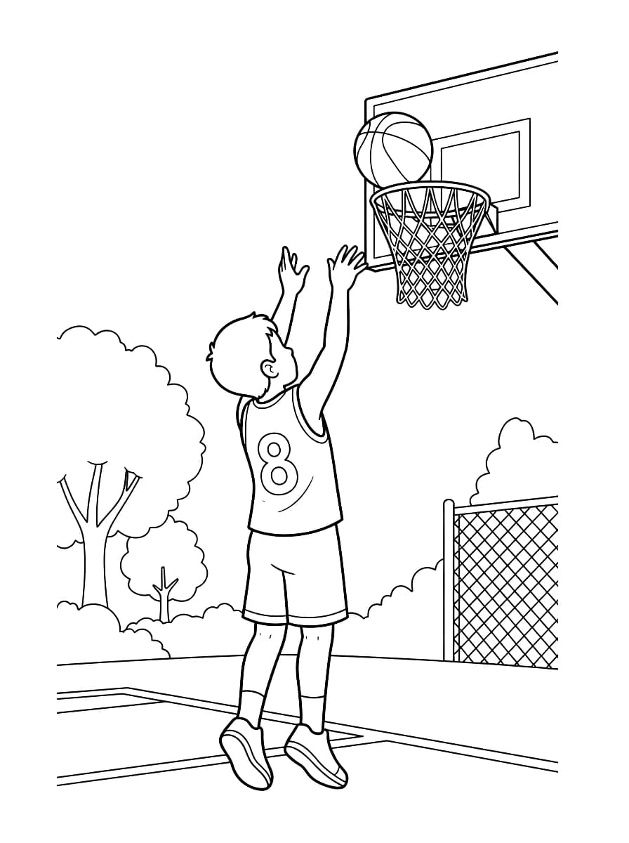A boy in a basketball uniform is reaching up to shoot a basketball through a hoop.