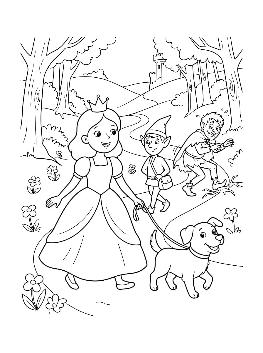 A princess and an elf walk a dog on a path while a surprised man looks on.