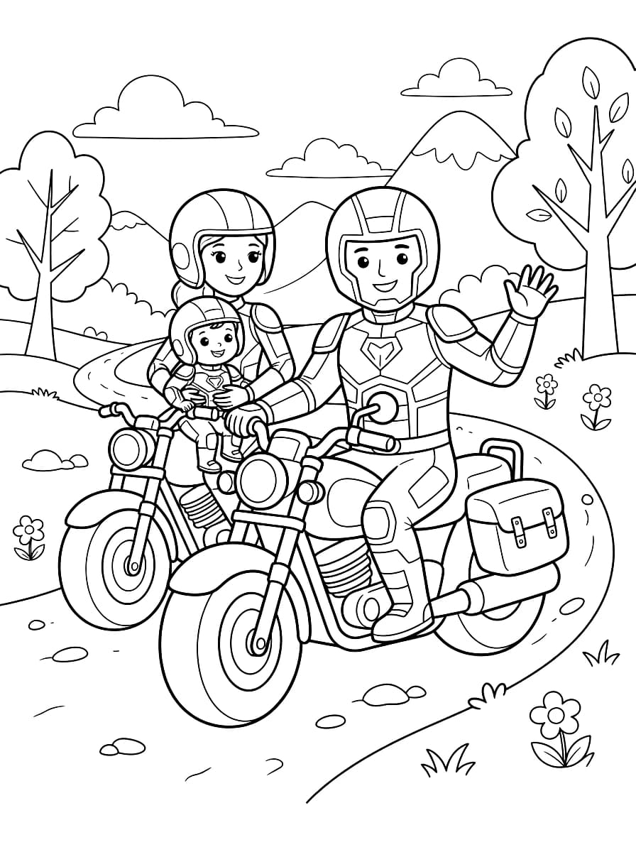 A family of three wearing helmets and protective gear ride two motorcycles along a winding road with trees, mountains, and clouds in the background.