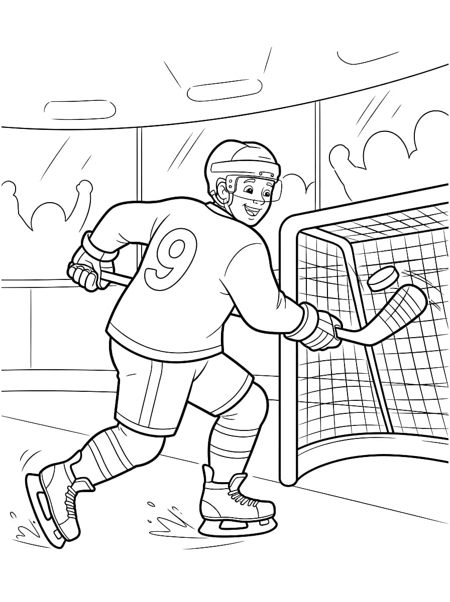 A hockey player wearing a helmet and number 9 jersey is taking a shot on goal.