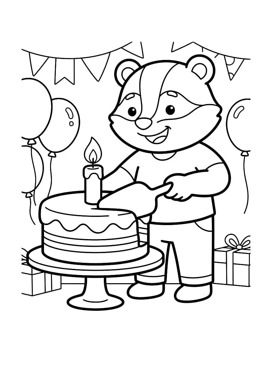 A badger is cutting a birthday cake with a candle, surrounded by balloons, presents, and banners.