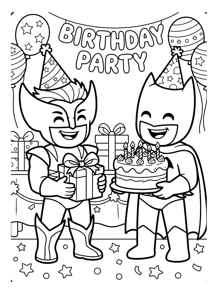 Two costumed children are celebrating a birthday party with gifts and cake.