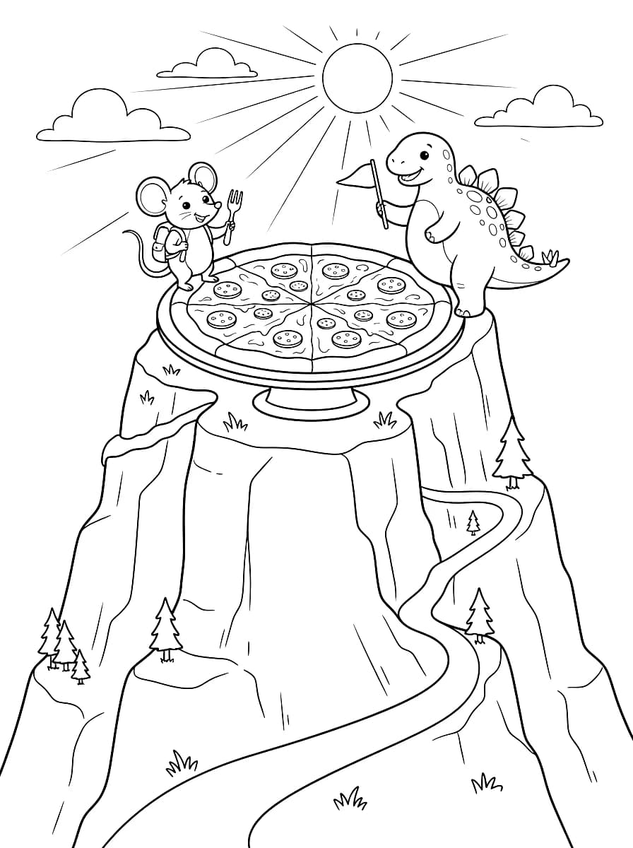 A mouse and a dinosaur are on top of a mountain with a giant pizza.