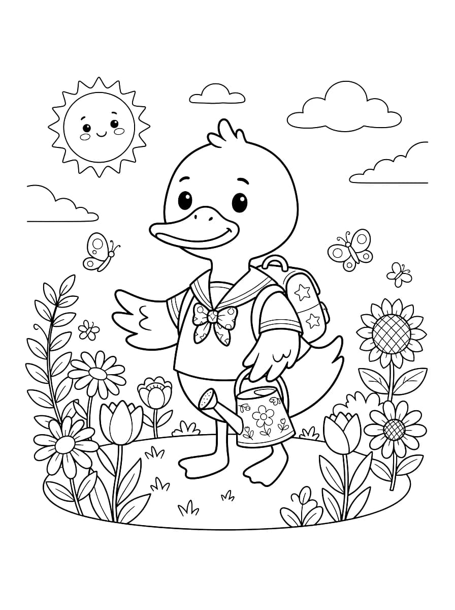 Um pato fofo com uma mochila regando flores no jardim.