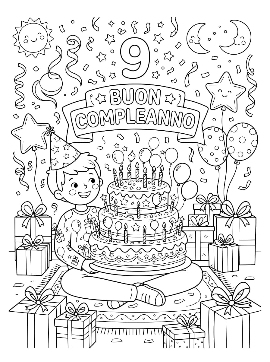 Un bambino festeggia il suo nono compleanno con una torta, regali e palloncini.