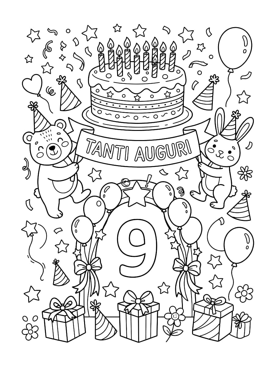 Una pagina da colorare di compleanno con animali, una torta e il numero 9.