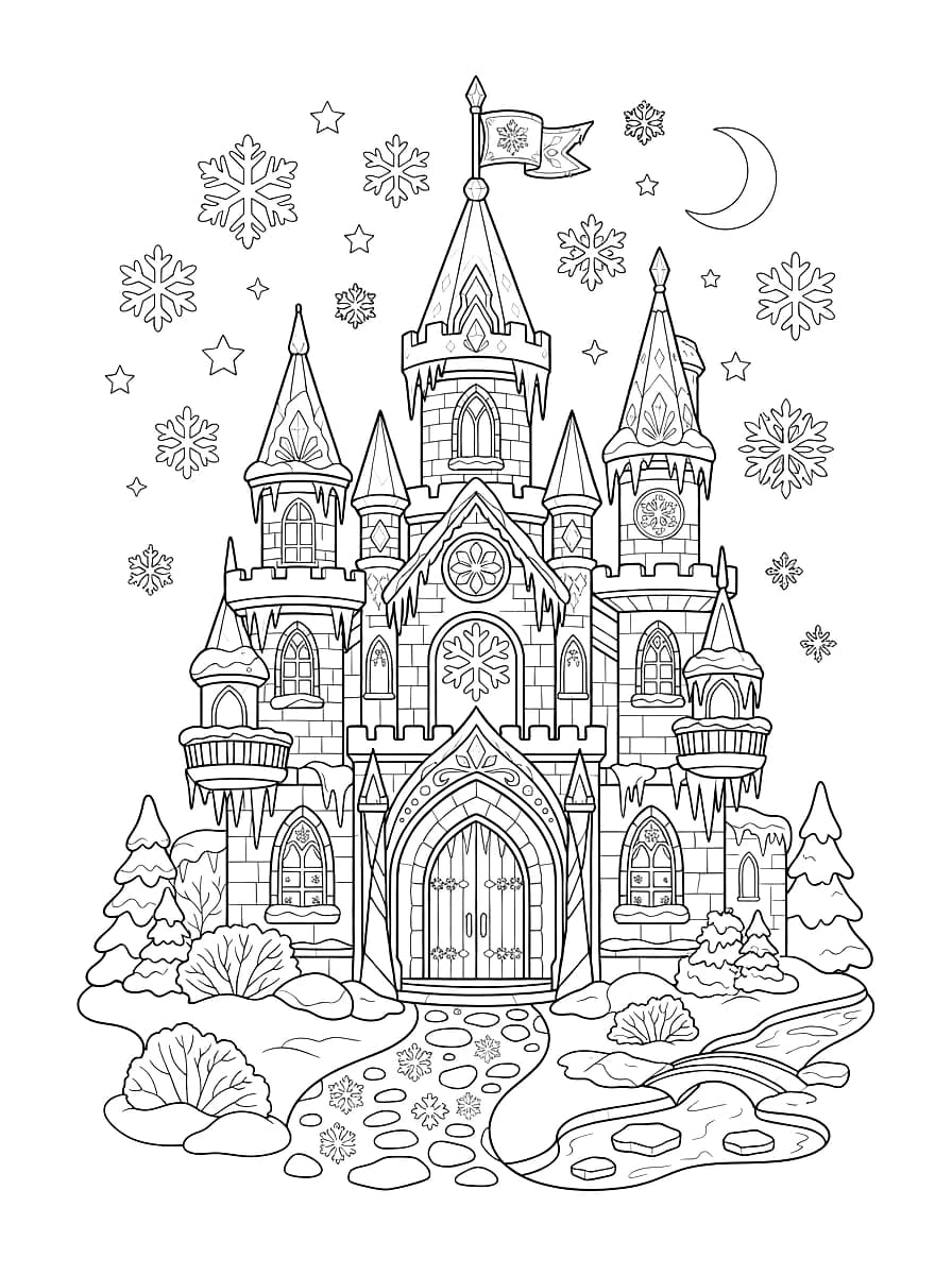 Um castelo de gelo com flocos de neve e estrelas.