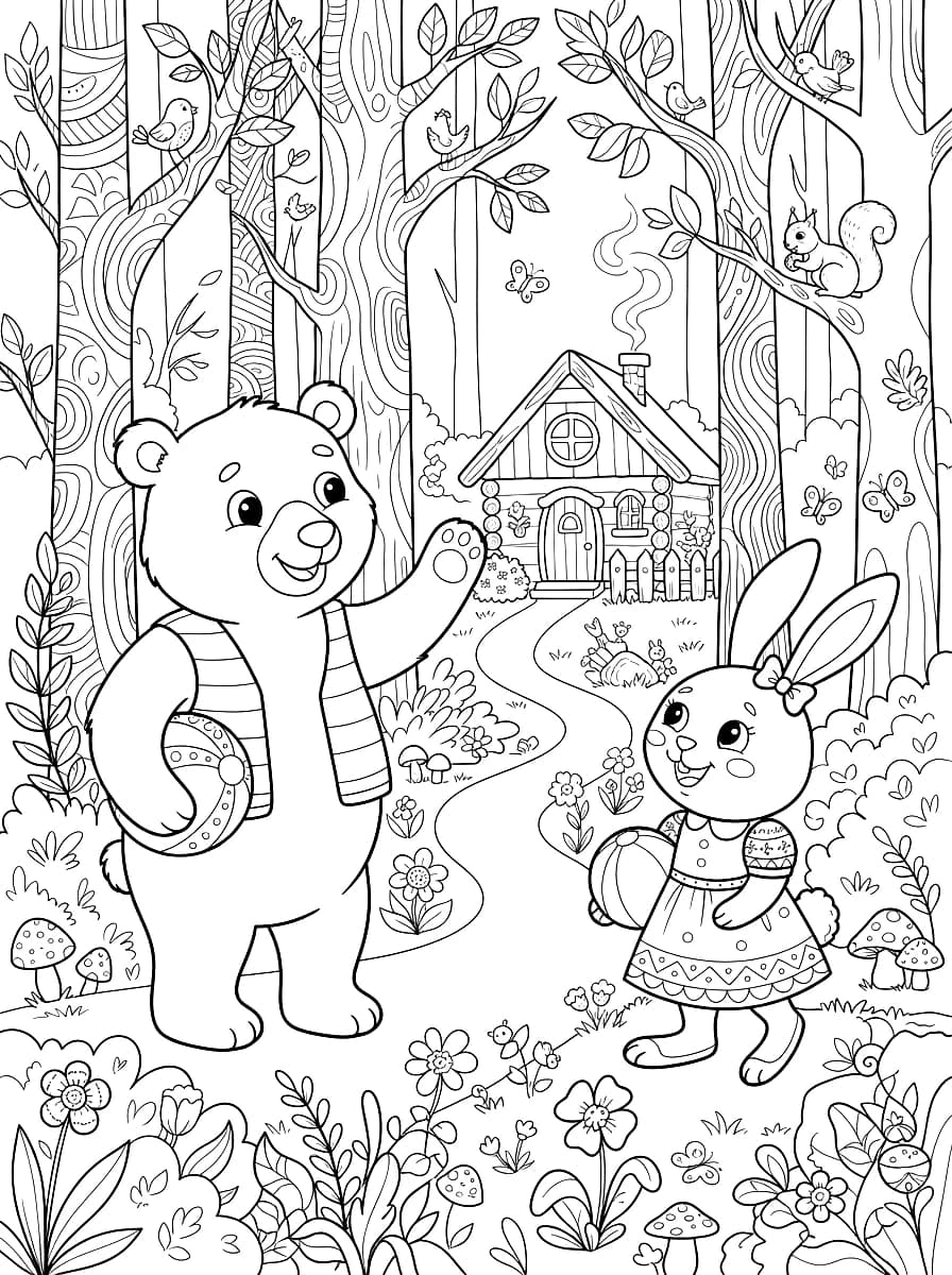 Un oso y un conejo jugando en el bosque con una casa de fondo.