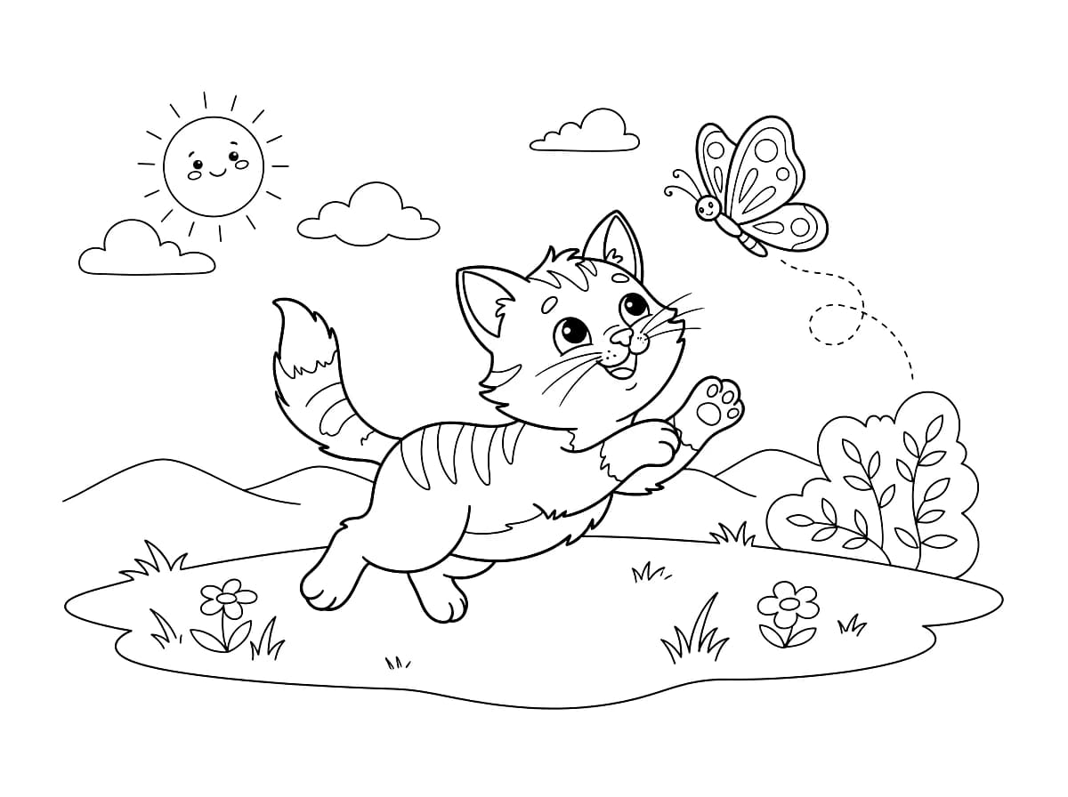 A playful kitten chases a butterfly through a field under a smiling sun.
