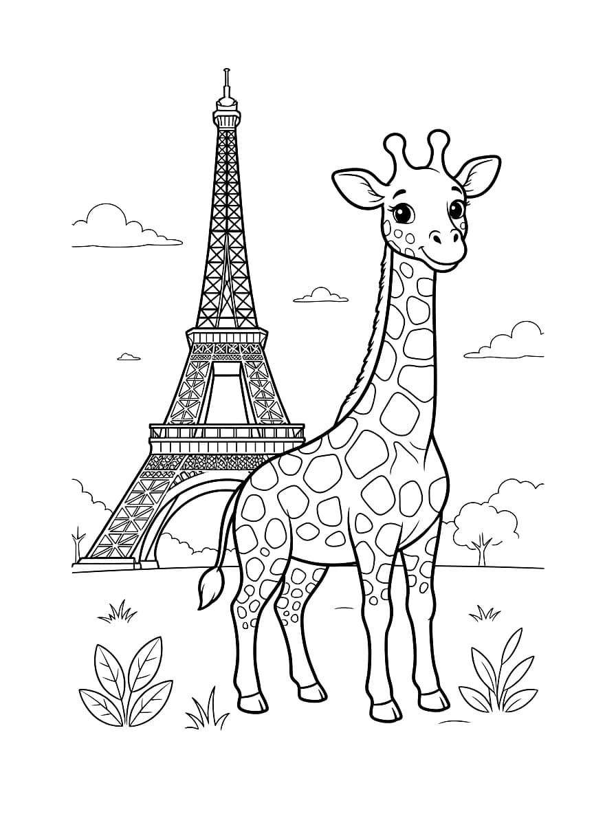 A cute giraffe stands in front of the Eiffel Tower in a grassy field with clouds in the sky.