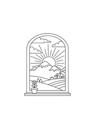 A sunset behind a mountain seen from a window in a country house.