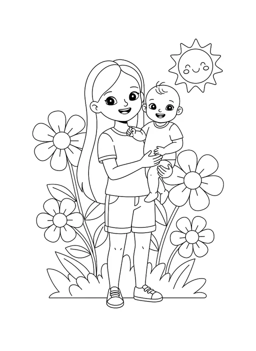 A baby with their godmother, who has long, straight hair and is wearing shorts and a shirt.