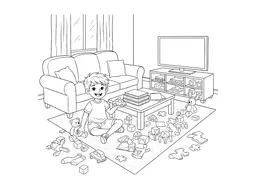 A boy in a messy room with a table, sofa, TV, and toy storage unit.