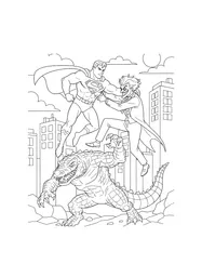 A superhero fighting a clown and a crocodile.