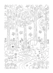 Uma floresta mágica com muitos animais.