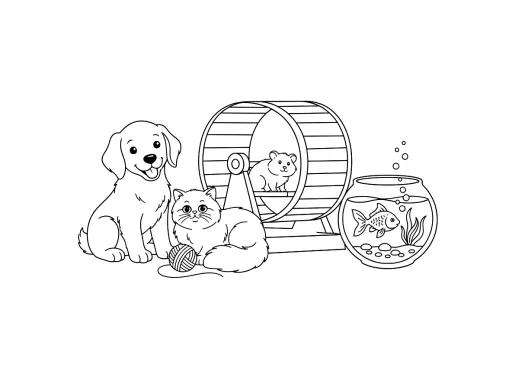 Uma variedade de animais de estimação, incluindo um cachorro, um gato, um hamster e um peixe, todos prontos para serem coloridos.