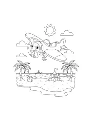 Um avião divertido voando baixo sobre uma praia ensolarada.