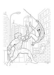 Two superheroes are locked in a dynamic battle.