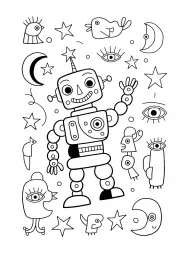 A robot waves hello with a smile.