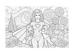 A superhero mother caring for two children.