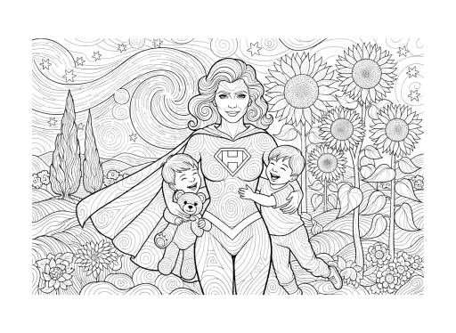 A superhero mother caring for two children.