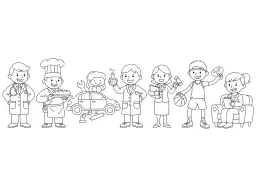 A group of diverse professionals, including a doctor, baker, mechanic, scientist, lawyer, basketball player, and psychologist.