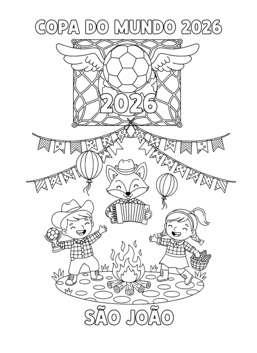 Um desenho de colorir da Copa do Mundo de 2026 e São João.