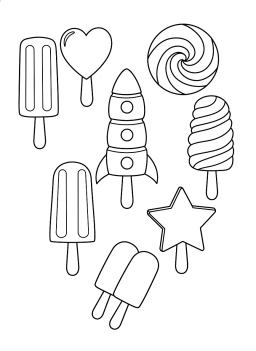 A variety of popsicles on sticks, ready to be colored.