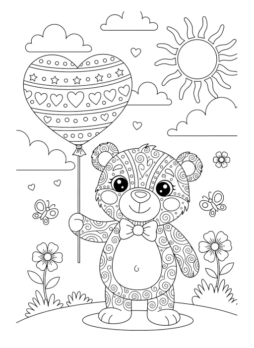 Um urso fofo segurando um balão de coração.