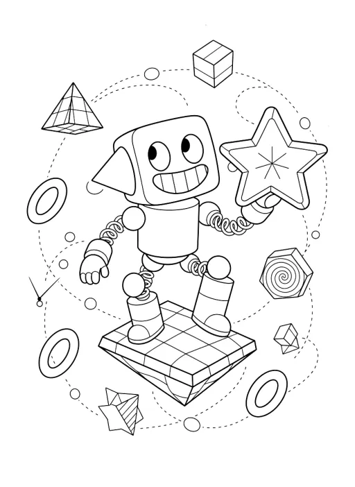 Aqui está uma imagem para colorir de um personagem brincalhão em um ambiente tridimensional.