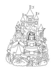 A princess stands in front of her castle next to a fountain, surrounded by beautifully landscaped flowers.