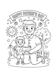 A father and child share a joyful moment with a "Happy Father's Day" banner.