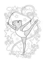 A capybara performs gymnastics with a ribbon.