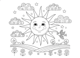 Um sol sorrindo no céu azul.
