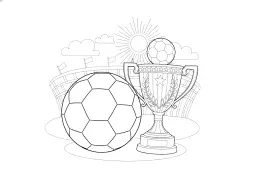 Iată o pagină de colorat cu o minge de fotbal și un trofeu.