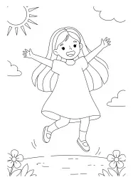 A girl with long straight hair jumps.