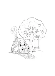 Une voiture, une maison et un arbre.