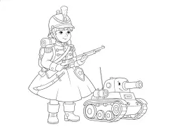 A boy in a soldier's uniform with his fighting equipment.