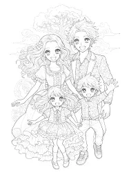 Une famille manga heureuse et souriante.