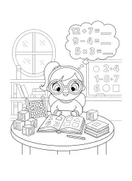 صورة لكتاب تلوين يظهر فتاة صغيرة تدرس الرياضيات.