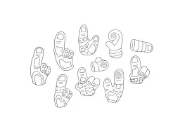 A coloring book image of several whimsical, disconnected finger shapes designed for coloring.