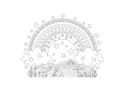 A rainbow with clouds and stars.