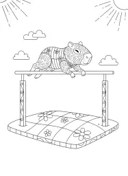 A capybara performs artistic gymnastics on parallel bars.