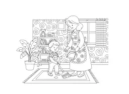 A child sweeping the floor, helping an adult.