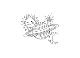 Hier is een kleurboekafbeelding van planeten, de maan, een ster en de zon.